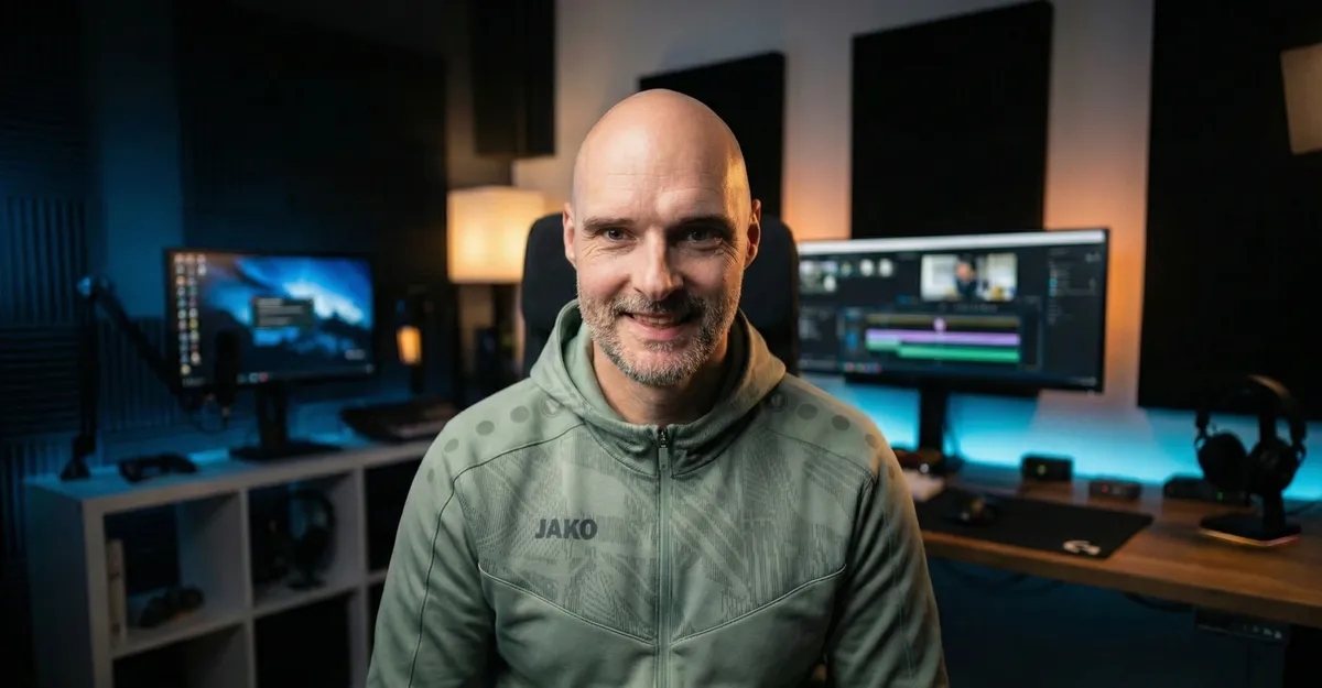 Felix Abrecht at his studio desk in Nagold, mid-smile